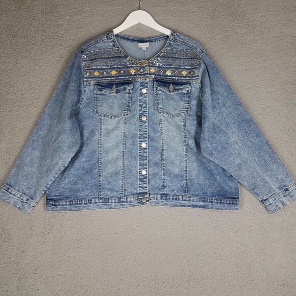 NEW Avenue Jean Jacket Women's 26/ 28 Blue Embroidered Sequin Denim Button Up - Picture 1 of 13
